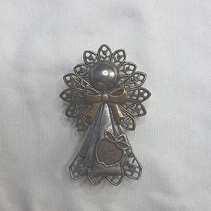 Silver and Brass Angel with Apple Pin Brooch